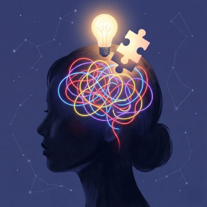 adult-adhd-symptoms-focus-mind 복잡하게 엉킨 머릿속과 해결책을 상징하는 퍼즐 일러스트, 성인 ADHD의 혼란과 집중력 회복을 표현