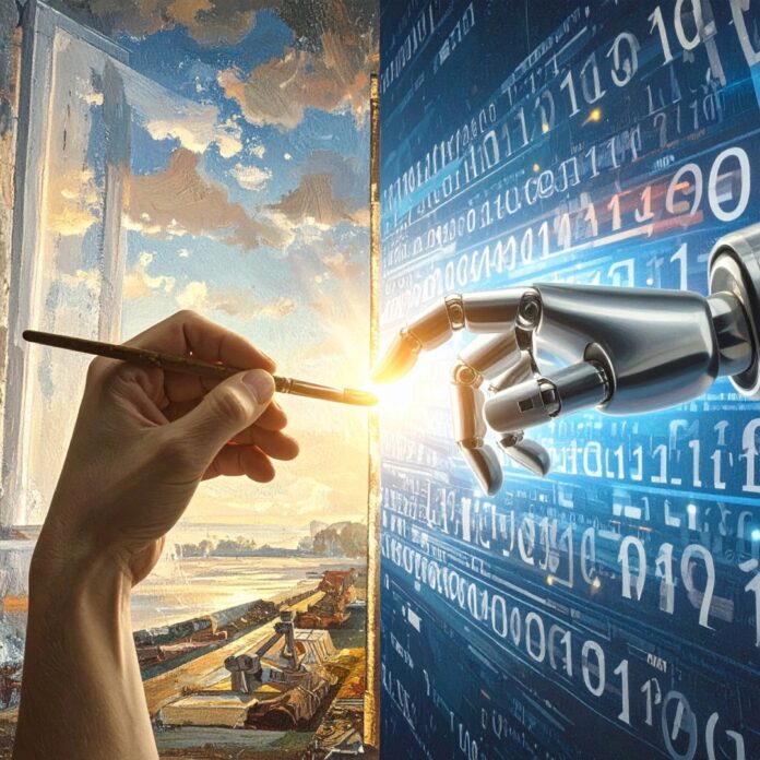 ai-generated-art-vs-human-creativity 붓을 든 인간의 손과 디지털 픽셀로 이루어진 AI의 손이 캔버스 위에서 만나는 모습, 예술과 기술의 경계를 상징