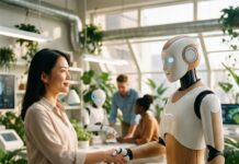 “내 밥그릇은 안전할까?” AI 시대, 사라질 직업 vs 살아남을 직업의 결정적 차이 인간과 AI 로봇이 악수를 하며 협력하는 모습, 인공지능 시대의 일자리 변화와 공존을 상징하는 이미지