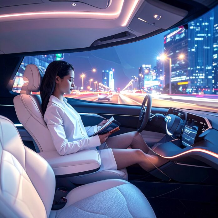 운전대 없는 자율주행 자동차 안에서 탑승자가 편안하게 책을 읽고 있는 미래지향적인 모습