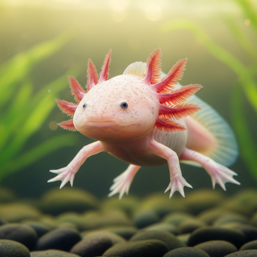 깃털 같은 아가미를 가진 멕시코산 희귀 도롱뇽 아홀로틀. 뛰어난 재생 능력이 특징