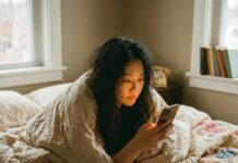 침대와 한 몸이 된 Z세대? ‘베드 로팅(Bed Rotting)’ 트렌드의 두 얼굴: 힐링인가, 우울인가? 침대 이불 속에서 편안하게 휴식을 취하며 스마트폰을 보고 있는 모습, 베드 로팅 트렌드 이미지