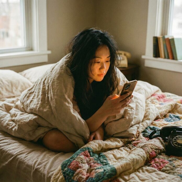 bed-rotting-trend-lifestyle-rest 침대 이불 속에서 편안하게 휴식을 취하며 스마트폰을 보고 있는 모습, 베드 로팅 트렌드 이미지