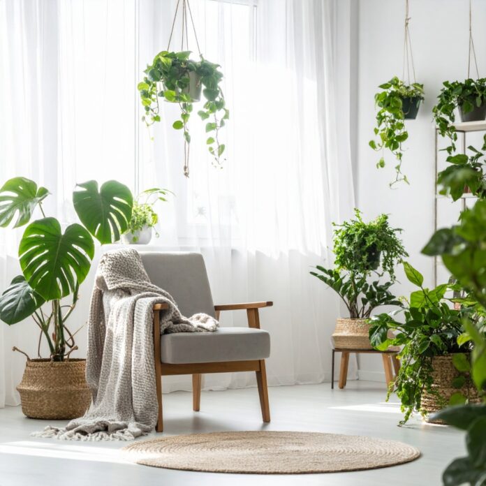 beginner-planterior-guide-living-room 햇살이 가득한 거실에 몬스테라와 다양한 반려 식물이 조화롭게 배치된 플랜테리어 인테리어 모습