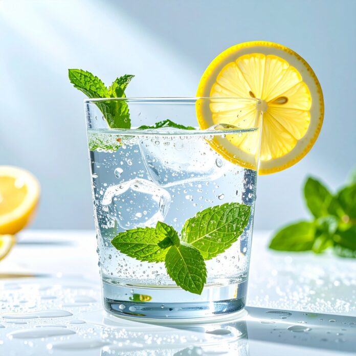 benefits-of-drinking-water-health-guide 레몬과 민트가 담긴 신선한 물 한 잔, 올바른 수분 섭취와 건강을 상징하는 이미지