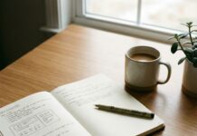 “기록하는 인간은 무너지지 않는다” 인생을 바꾸는 기적의 메모 습관, ‘불렛 저널’ 입문 가이드 도트 노트에 할 일이 정리된 불렛 저널과 펜이 놓인 책상, 기록 습관과 생산성 향상을 상징하는 이미지