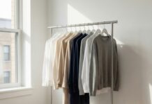 “옷장은 터질 것 같은데 입을 옷이 없다면?” 패션 다이어트, ‘캡슐 옷장’ 챌린지 시작하는 법 깔끔하게 정리된 행거에 무채색 계열의 옷들이 걸려 있는 모습, 미니멀 패션과 캡슐 옷장 트렌드를 상징
