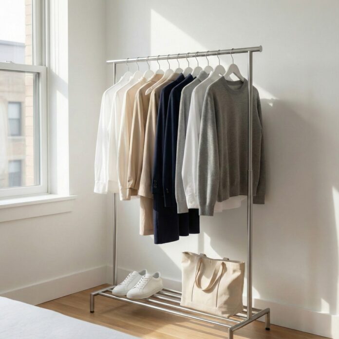 capsule-wardrobe-guide-minimalist-fashion 깔끔하게 정리된 행거에 무채색 계열의 옷들이 걸려 있는 모습, 미니멀 패션과 캡슐 옷장 트렌드를 상징