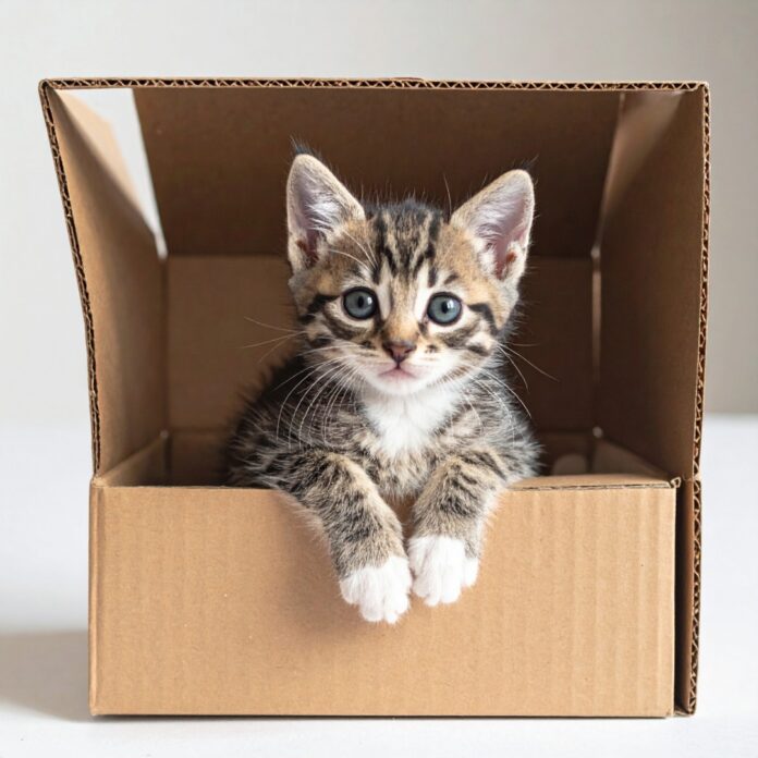 cat-in-small-box-comfort 좁은 종이 상자 안에 몸을 웅크리고 만족스러운 표정으로 편안하게 쉬고 있는 고양이의 모습