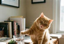 “일부러 그러는 거지?” 고양이는 왜 책상 위 멀쩡한 물건을 툭 쳐서 떨어뜨릴까? 책상 위 유리컵을 앞발로 툭 쳐서 떨어뜨리려는 장난기 넘치는 고양이의 모습, 고양이 문제 행동을 상징하는 이미지