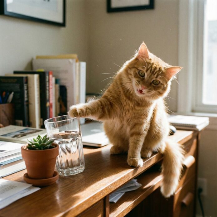 책상 위 유리컵을 앞발로 툭 쳐서 떨어뜨리려는 장난기 넘치는 고양이의 모습, 고양이 문제 행동을 상징하는 이미지