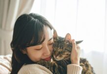 고양이의 ‘골골송’은 사실 자가 치료기다? 과학이 밝혀낸 4가지 놀라운 치유 능력 사람이 고양이를 품에 안고 교감하며 골골송을 듣고 있는 따뜻한 모습, 고양이 테라피와 정서적 안정을 상징