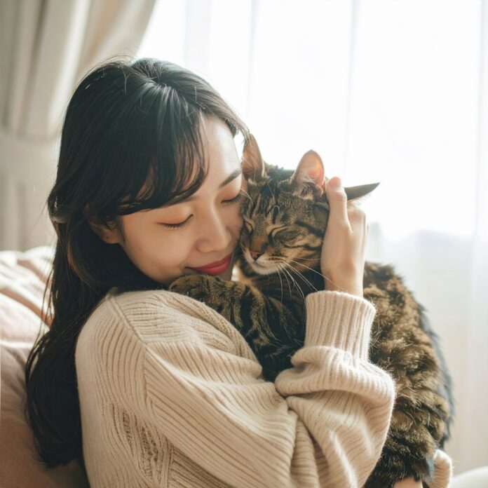 사람이 고양이를 품에 안고 교감하며 골골송을 듣고 있는 따뜻한 모습, 고양이 테라피와 정서적 안정을 상징