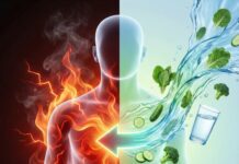 “나는 아픈 곳이 없는데?” 소리 없는 살인자 ‘만성 염증’을 없애는 항염 식습관과 생활 수칙 4가지 인체 내부의 붉은 염증 반응과 이를 식혀주는 건강한 항염 식품의 대비 이미지, 만성 염증 치료법 상징