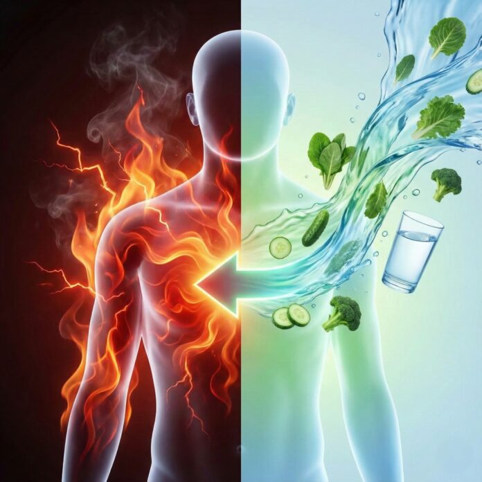 chronic-inflammation-causes-anti-inflammatory-foods 인체 내부의 붉은 염증 반응과 이를 식혀주는 건강한 항염 식품의 대비 이미지, 만성 염증 치료법 상징