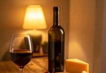 “편의점 와인은 싸구려?” 천만의 말씀! 입문자도 실패 없는 가성비 와인 고르는 법 & 라벨 독해법 아늑한 조명 아래 와인 잔과 병, 간단한 치즈 안주가 놓인 테이블, 편의점 와인 가이드를 상징하는 이미지