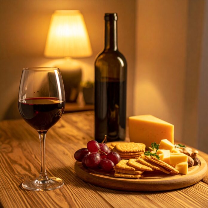아늑한 조명 아래 와인 잔과 병, 간단한 치즈 안주가 놓인 테이블, 편의점 와인 가이드를 상징하는 이미지