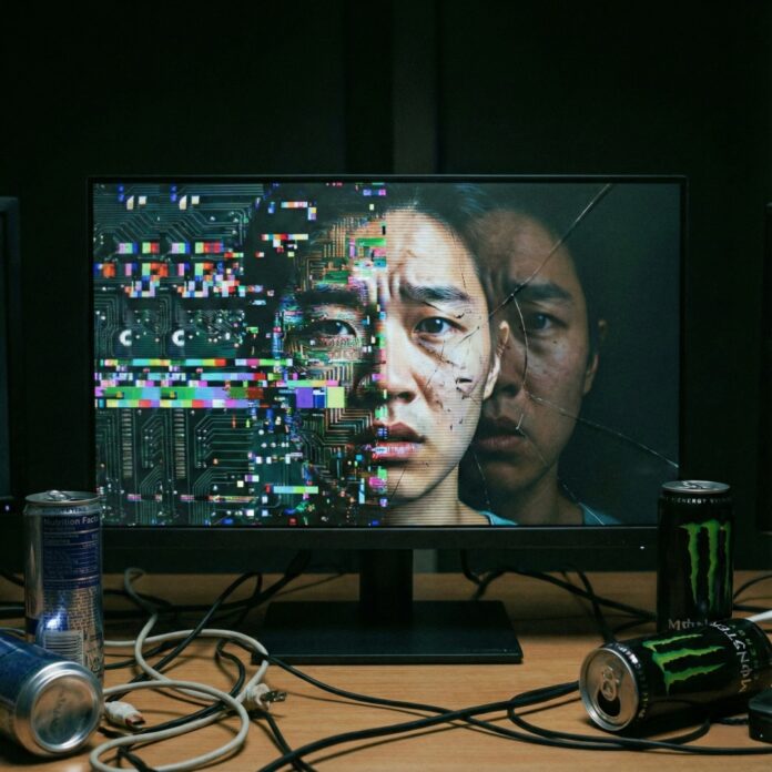 디지털 화면 속 얼굴이 글리치 효과로 깨져 있는 모습, AI 딥페이크 기술의 위험성과 가짜 영상을 상징하는 이미지