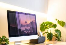 “일 잘하는 사람의 책상은 다르다?” 업무 효율 200% 올리는 ‘데스크테리어’ 핵심 법칙 4가지 모니터 암과 조명, 식물로 깔끔하게 정리된 홈 오피스 책상, 업무 효율을 높이는 데스크테리어 예시