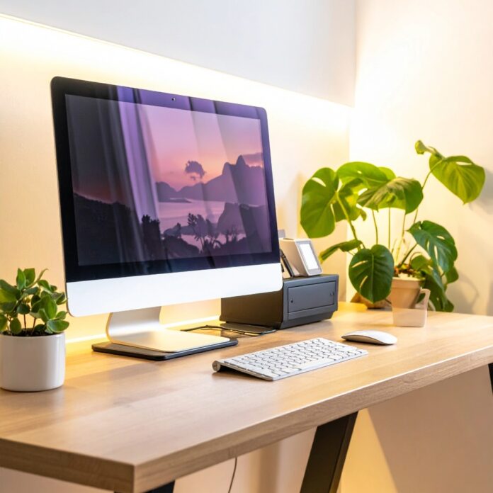 deskterior-home-office-setup-productivity 모니터 암과 조명, 식물로 깔끔하게 정리된 홈 오피스 책상, 업무 효율을 높이는 데스크테리어 예시