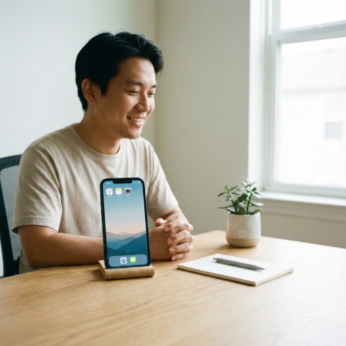 digital-decluttering-smartphone-organization 깔끔하게 정리된 스마트폰 홈 화면과 미니멀한 책상 배경, 디지털 정리 정돈과 미니멀리즘을 상징하는 이미지