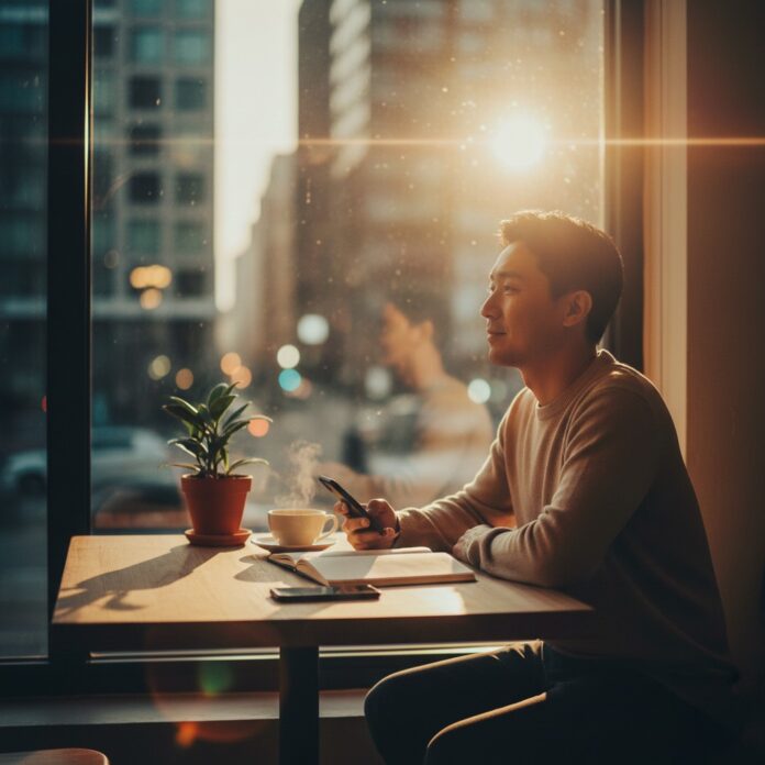 디지털 기기를 내려놓고 고요한 환경에서 휴식하며 집중력과 평온함을 되찾는 모습