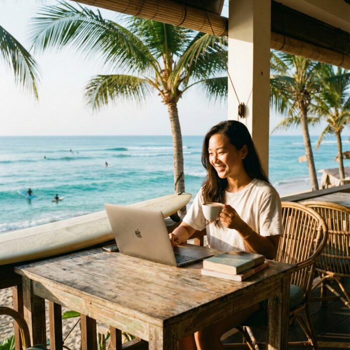 해변이 보이는 카페에서 여권과 노트북을 놓고 일하는 모습, 디지털 노마드 라이프스타일과 워케이션을 상징하는 이미지