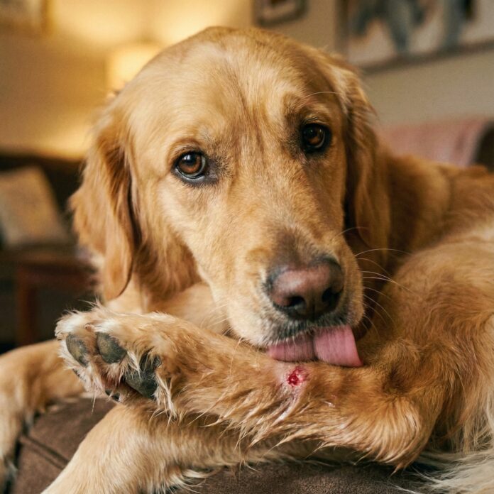 dog-licking-paws-causes-solution 소파 위에서 앞발을 핥고 있는 갈색 푸들, 강아지 발사탕 행동과 피부병을 암시하는 모습