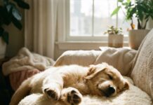 “우리 강아지도 내 꿈을 꿀까?” 자면서 낑낑대고 달리는 강아지, 뇌과학이 밝힌 꿈의 비밀 쿠션 위에서 편안하게 잠들어 꿈을 꾸며 달리는 시늉을 하는 웰시코기 강아지, 강아지 렘수면과 잠꼬대를 상징하는 이미지