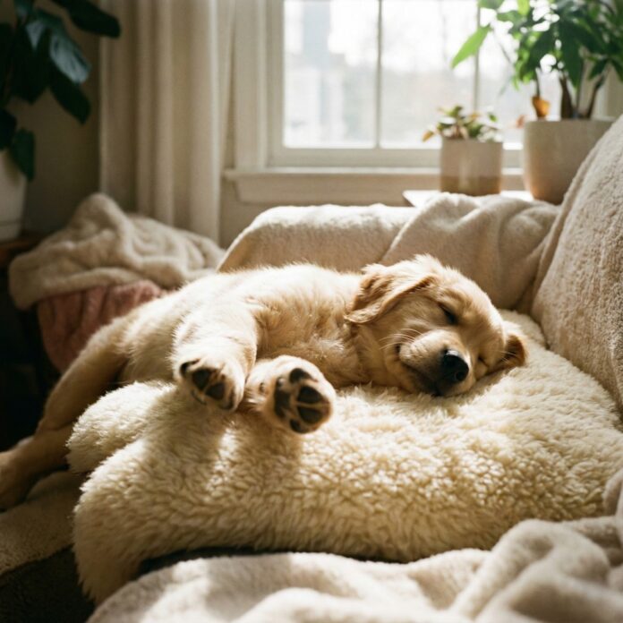 쿠션 위에서 편안하게 잠들어 꿈을 꾸며 달리는 시늉을 하는 웰시코기 강아지, 강아지 렘수면과 잠꼬대를 상징하는 이미지