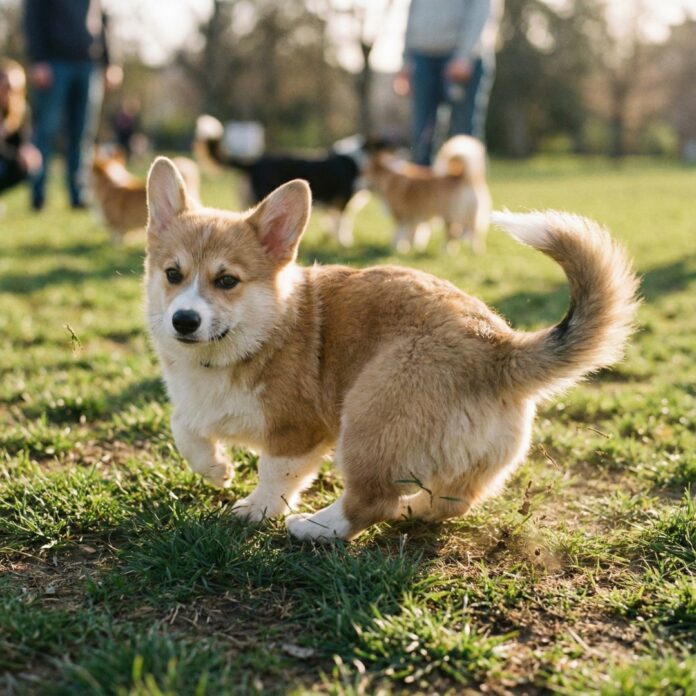 dog-spinning-before-pooping-habit 잔디밭에서 배변하기 전 빙글빙글 돌며 자리를 잡는 웰시코기, 강아지의 독특한 배변 습관을 보여주는 이미지