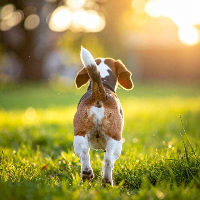 dog-tail-language-meaning 공원에서 꼬리를 흔들며 행복해하는 비글 강아지의 뒷모습, 강아지 꼬리 언어의 의미를 상징