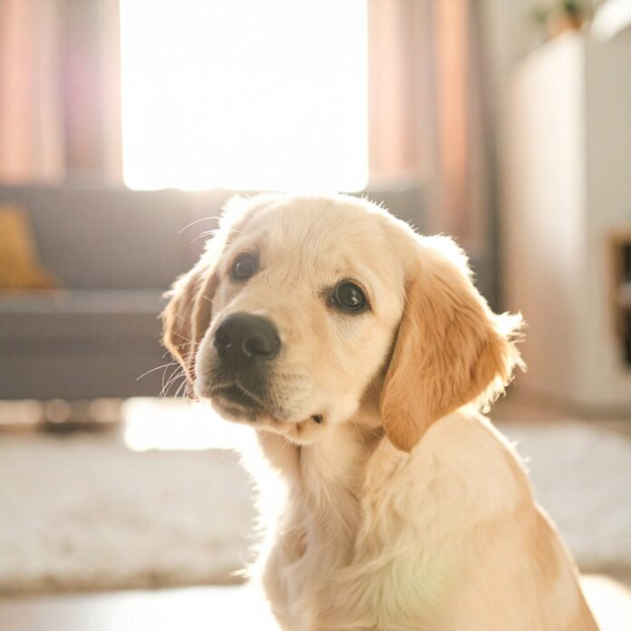 dog-tilting-head-communication 주인을 바라보며 호기심 어린 표정으로 고개를 갸웃거리는 강아지, 반려견의 의사소통과 공감을 상징하는 모습