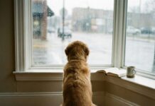 “나갈 때마다 전쟁” 우리 강아지 분리불안, 훈련소 안 가고 집에서 고치는 현실적인 방법 4단계 창밖을 바라보며 주인을 차분하게 기다리는 골든 리트리버의 뒷모습, 강아지 분리불안 훈련과 기다림을 상징하는 이미지
