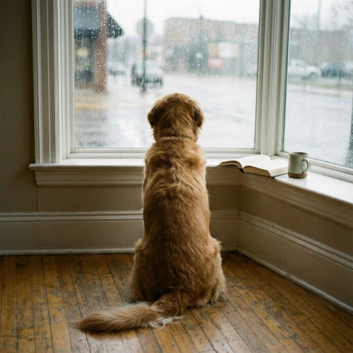 dog-waiting-owner-separation-anxiety-training 창밖을 바라보며 주인을 차분하게 기다리는 골든 리트리버의 뒷모습, 강아지 분리불안 훈련과 기다림을 상징하는 이미지