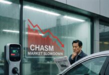 “전기차, 지금 사도 될까?” 화재 공포와 ‘캐즘(Chasm)’에 빠진 전기차 시장의 진실과 미래 충전소에 주차된 전기차와 고민하는 소비자의 모습, 전기차 캐즘과 시장 정체기를 상징하는 이미지