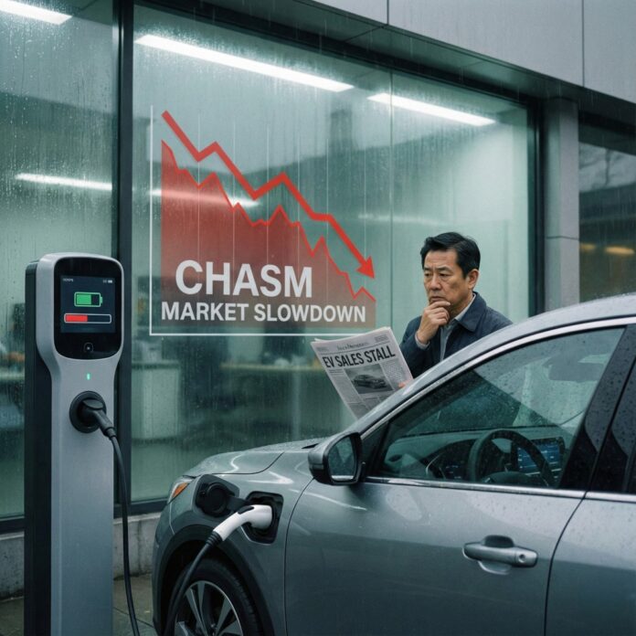 electric-vehicle-charging-market-stagnation 충전소에 주차된 전기차와 고민하는 소비자의 모습, 전기차 캐즘과 시장 정체기를 상징하는 이미지