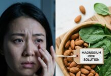 “내 눈이 왜 이러지?” 눈 밑이 파르르 떨리는 원인 3가지와 ‘마그네슘’ 섭취 가이드 눈 밑 떨림으로 고민하는 모습과 이를 해결해 줄 마그네슘이 풍부한 아몬드, 시금치, 바나나 이미지