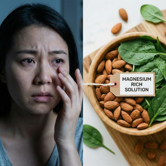 eye-twitching-causes-magnesium-foods 눈 밑 떨림으로 고민하는 모습과 이를 해결해 줄 마그네슘이 풍부한 아몬드, 시금치, 바나나 이미지