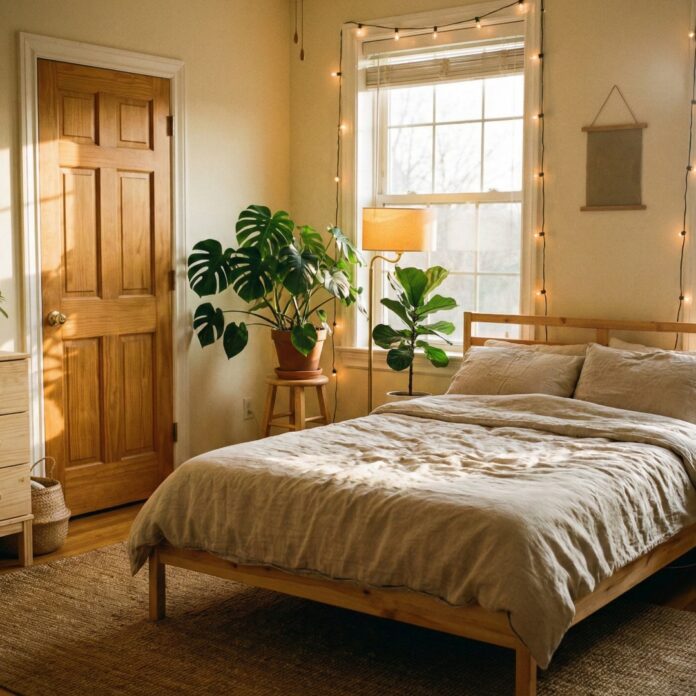 feng-shui-bedroom-interior-layout 햇살이 비치는 아늑한 침실에 침대가 안정적으로 배치된 모습, 풍수지리 인테리어의 편안함과 복을 상징하는 이미지