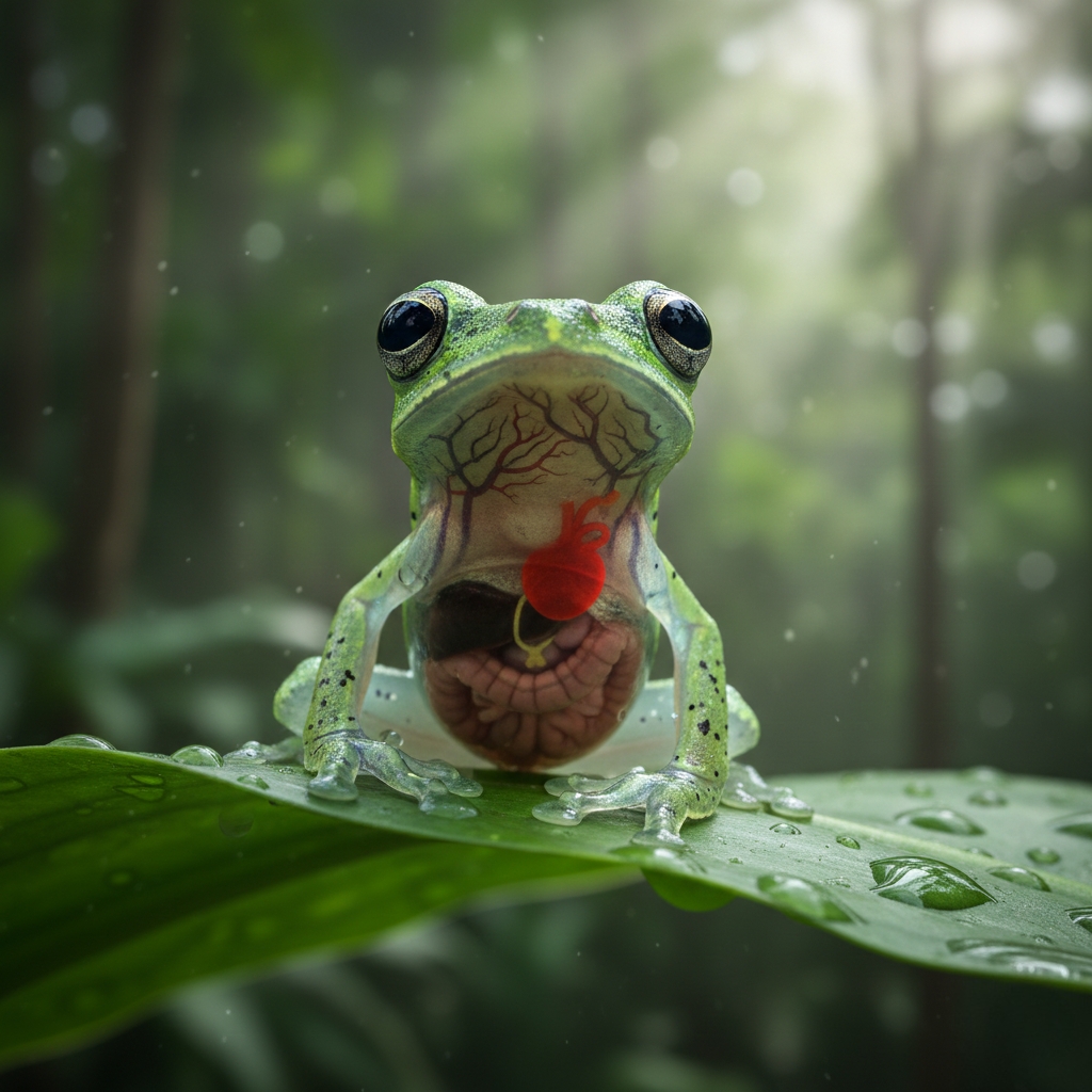 피부가 투명하여 내부 장기가 보이는 남아메리카의 유리 개구리