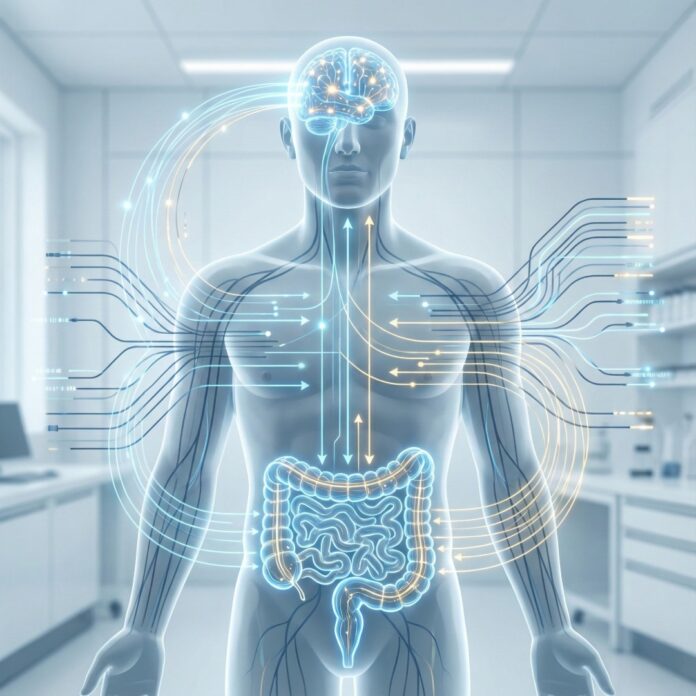 인간의 뇌와 장이 신경망으로 연결되어 신호를 주고받는 모습, 장-뇌 축 이론과 장내 세균의 중요성을 상징하는 일러스트