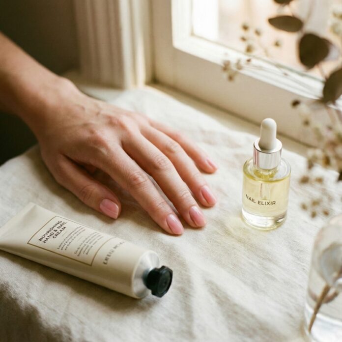 건강하고 매끄러운 핑크빛 손톱과 핸드크림이 놓인 모습, 손톱 건강 관리와 영양 섭취의 중요성을 상징하는 이미지