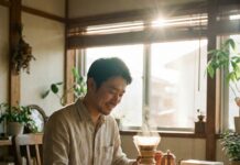 “커피값 아껴서 머신 샀다” 집에서 즐기는 5천 원의 행복, 실패 없는 ‘홈카페’ 입문 가이드 햇살 비치는 집에서 핸드드립 커피를 내리는 모습, 홈카페 장비와 여유로운 취미 생활을 상징하는 이미지