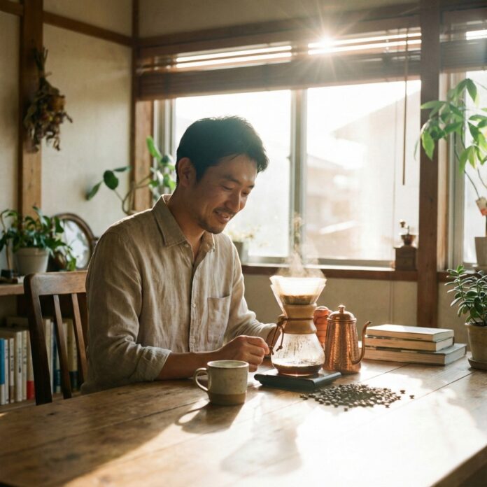 home-cafe-hand-drip-coffee-brewing 햇살 비치는 집에서 핸드드립 커피를 내리는 모습, 홈카페 장비와 여유로운 취미 생활을 상징하는 이미지