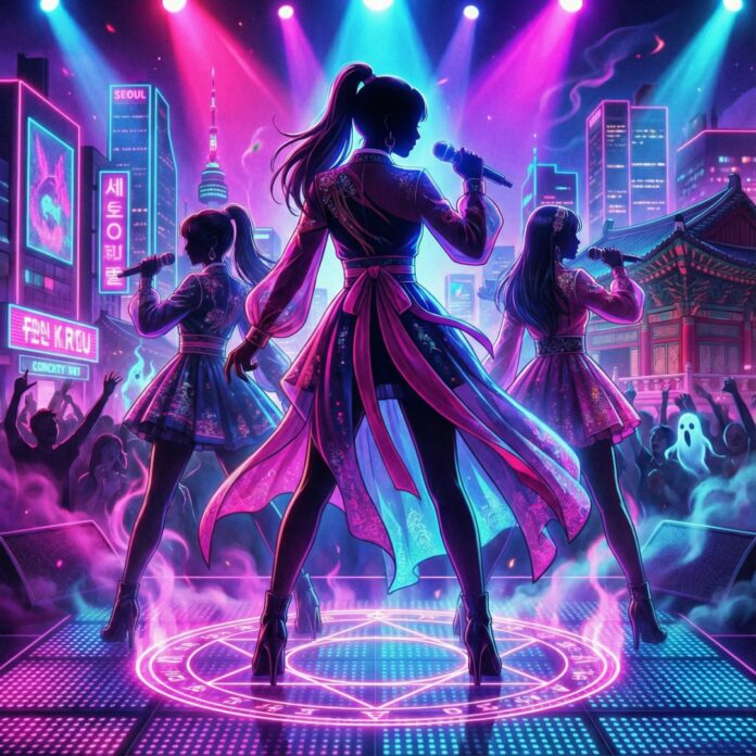 kpop-demon-hunters-ai-poster-square 케이팝 아이돌이 퇴마 무기를 들고 있는 애니메이션 스타일의 정사각형 포스터, 넷플릭스 케데헌 상징 일러스트