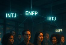 “너 T야?” 대한민국은 왜 혈액형을 버리고 ‘MBTI’에 미쳤는가? 심리학적 분석 4가지 다양한 사람들의 머리 위에 MBTI 성격 유형 라벨이 네온 사인처럼 떠 있는 모습, 현대 사회의 성격 유형 분석 열풍과 인간관계를 상징