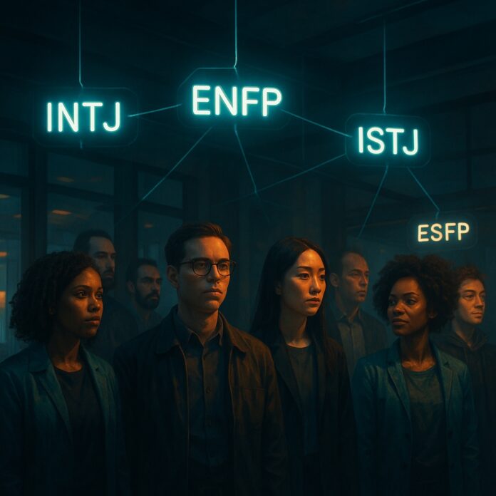 다양한 사람들의 머리 위에 MBTI 성격 유형 라벨이 네온 사인처럼 떠 있는 모습, 현대 사회의 성격 유형 분석 열풍과 인간관계를 상징