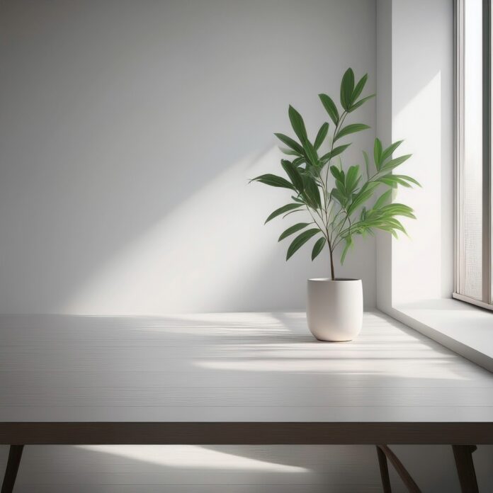 깨끗하게 정리된 미니멀리스트 책상 위에 놓인 작은 화분, 단순함과 여유를 강조하는 라이프스타일 이미지