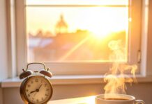 “새벽 4시 기상은 틀렸다” 미라클 모닝이 작심삼일로 끝나는 이유와 현실적인 성공 법칙 따뜻한 아침 햇살을 받으며 다이어리와 커피가 놓인 책상, 미라클 모닝의 여유로운 시작을 상징하는 모습